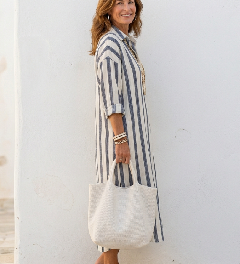 Sylvie | Vestido chemise midi riscas com mangas longas