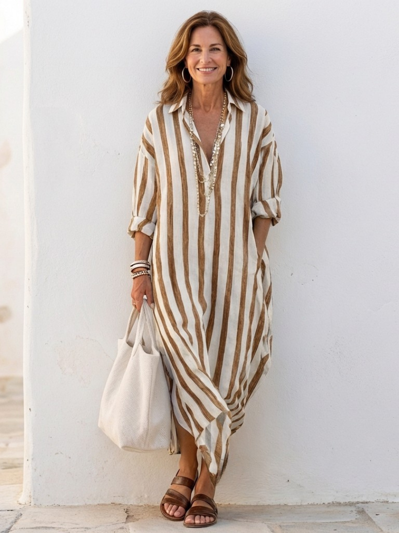 Sylvie | Vestido chemise midi riscas com mangas longas