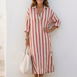 Sylvie | Vestido chemise midi riscas com mangas longas