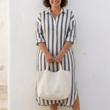 Sylvie | Vestido chemise midi riscas com mangas longas