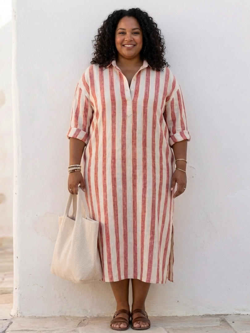 Sylvie | Vestido chemise midi riscas com mangas longas