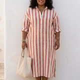 Sylvie | Vestido chemise midi riscas com mangas longas