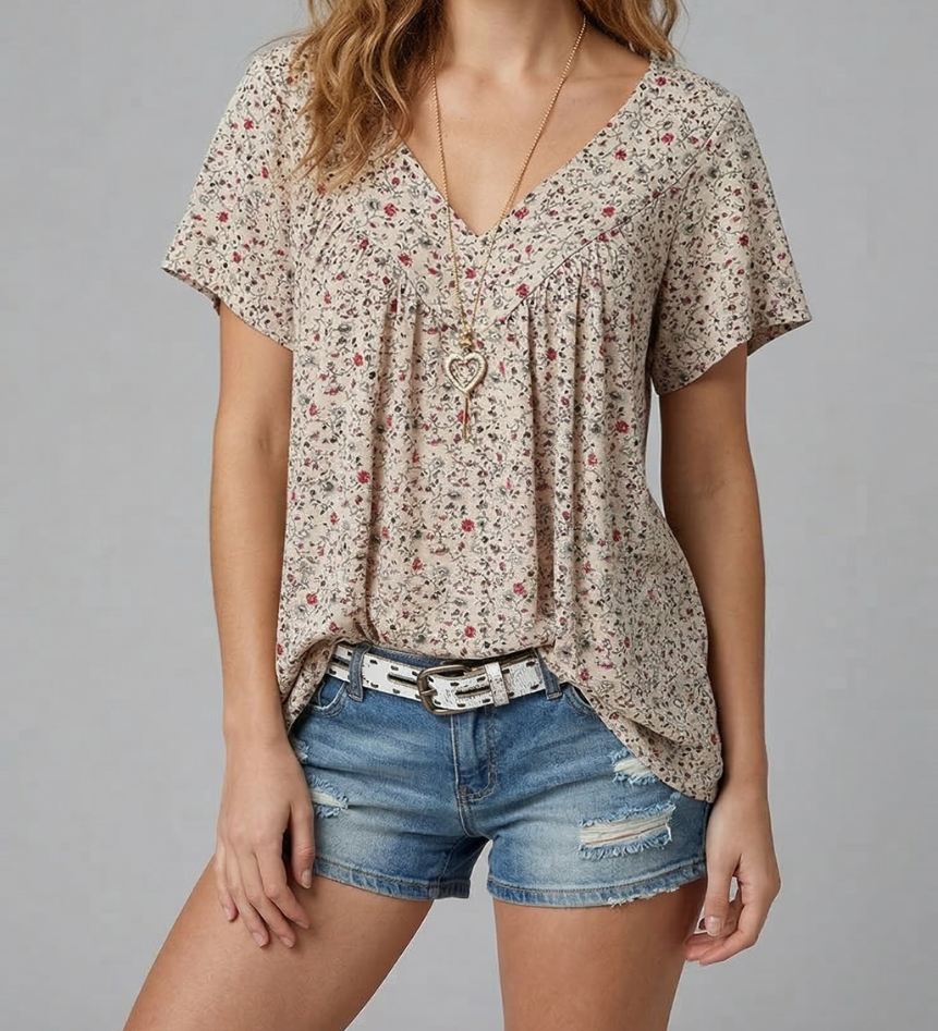 Trisha™ | T-shirt floral com decote em V