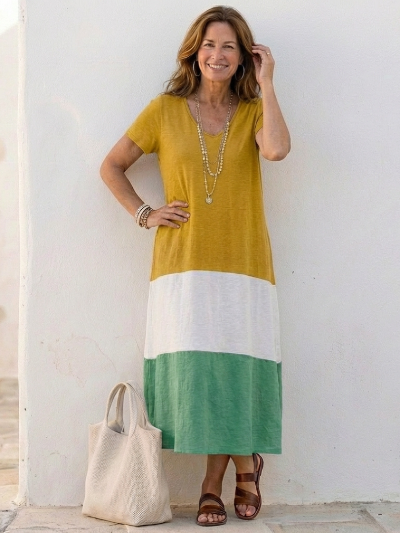 Valentine | Vestido midi com decote em V e mangas curtas bicolor