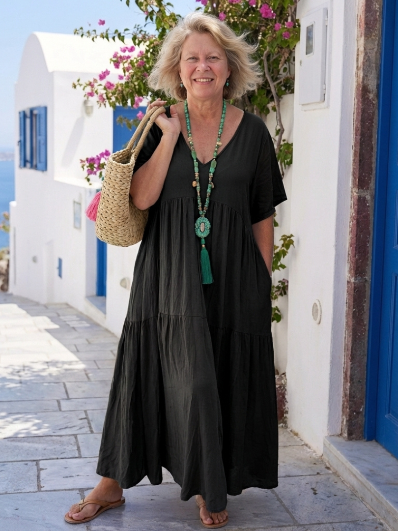 Yvonne | Robe Maxi Azul com Mangas Curtas e Volantes