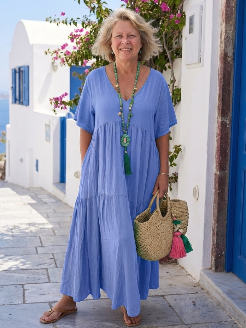 Yvonne | Robe Maxi Azul com Mangas Curtas e Volantes