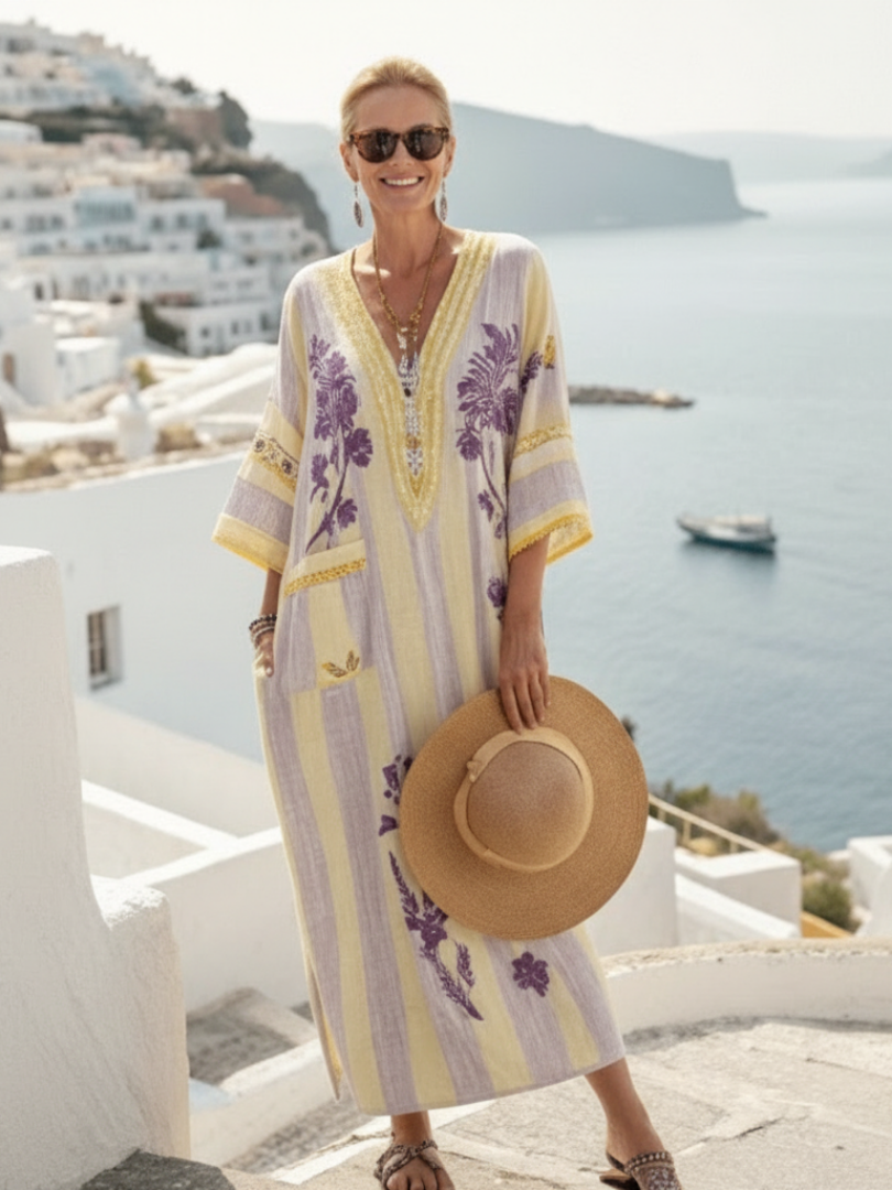 Iris | Vestido maxi às riscas florais com decote em V e mangas semi-longas