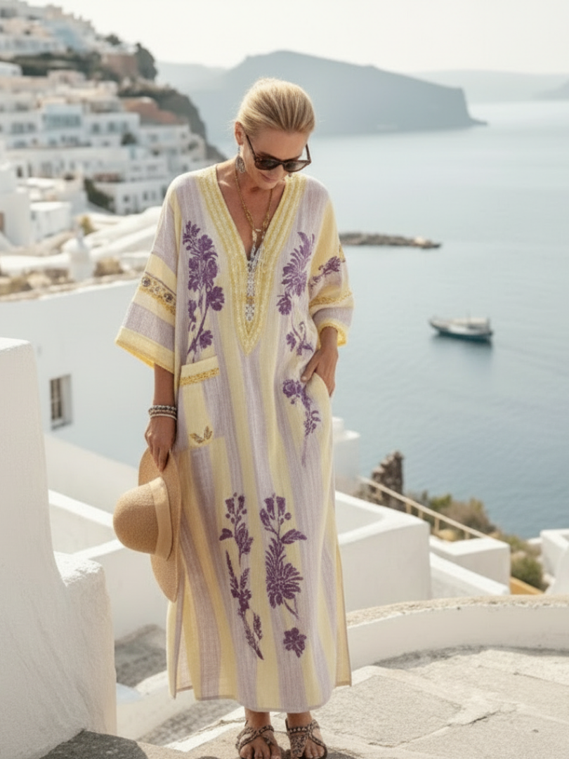 Iris | Vestido maxi às riscas florais com decote em V e mangas semi-longas