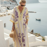 Iris | Vestido maxi às riscas florais com decote em V e mangas semi-longas