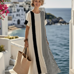 Lou | Vestido maxi riscado com decote redondo e mangas curtas
