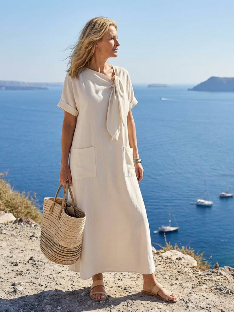Ameline | Vestido Maxi com Decote Redondo e Mangas Curtas com Bolsos