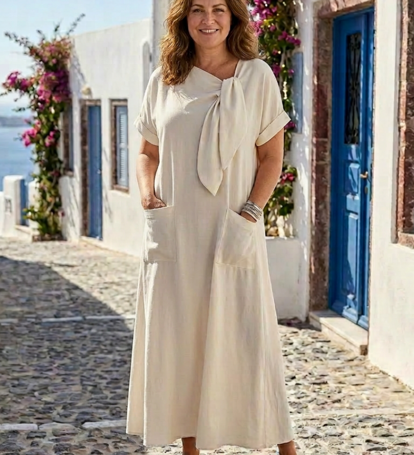 Ameline | Vestido Maxi com Decote Redondo e Mangas Curtas com Bolsos