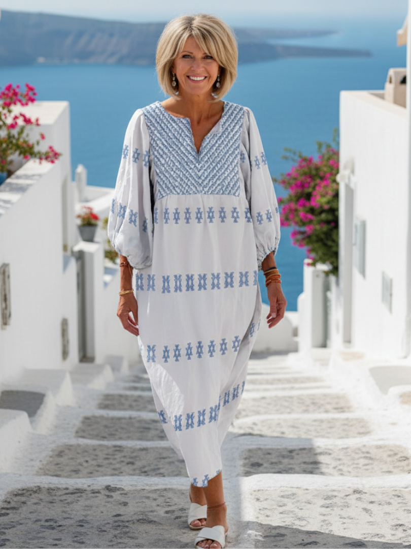 Marguerite | Vestido maxi bordado com mangas longas e decote em V