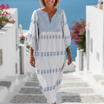 Marguerite | Vestido maxi bordado com mangas longas e decote em V