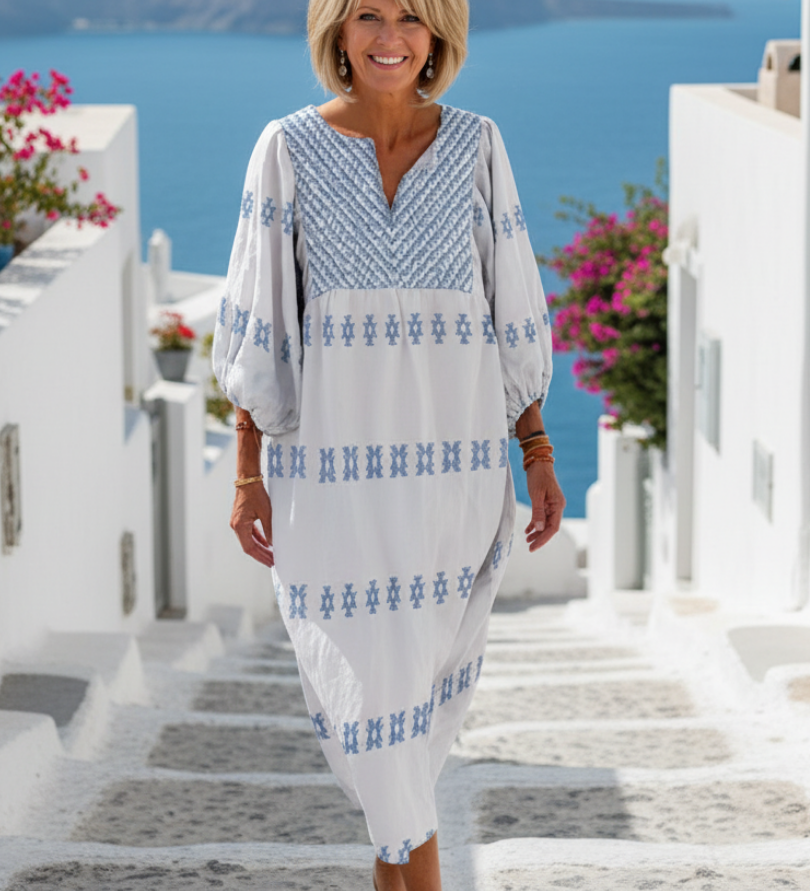 Marguerite | Vestido maxi bordado com mangas longas e decote em V