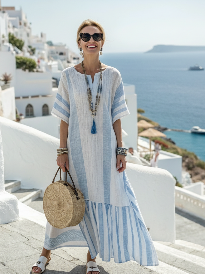 Apolline | Vestido maxi riscado com decote redondo e mangas curtas