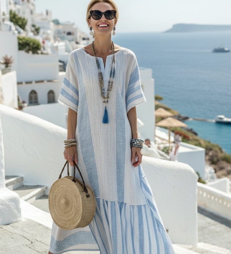 Apolline | Vestido maxi riscado com decote redondo e mangas curtas