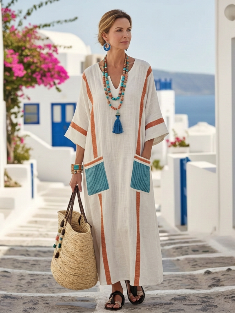 Madeleine | Vestido maxi com mangas de comprimento médio e decote em V