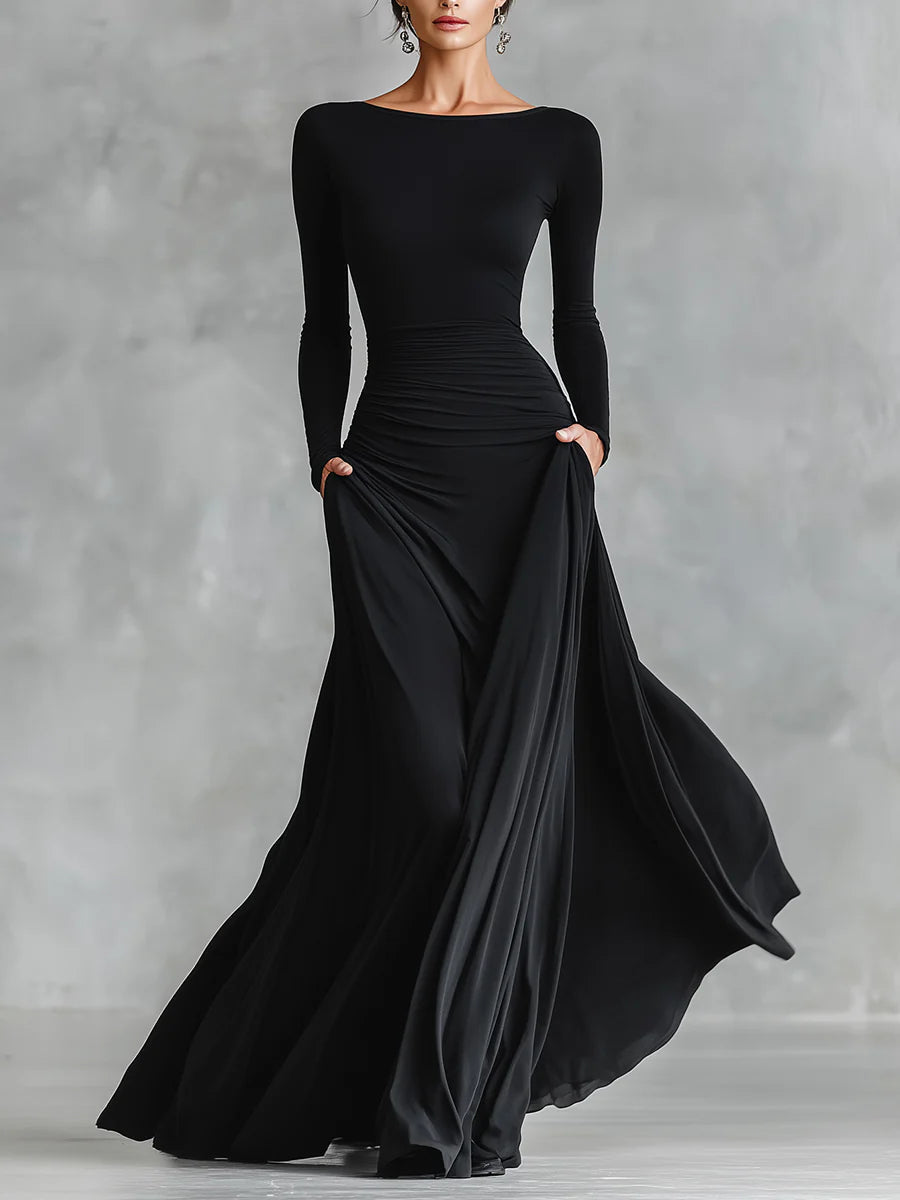 Noémie | Vestido Longo Preto com Decote Bateau & Drapeado Elegante