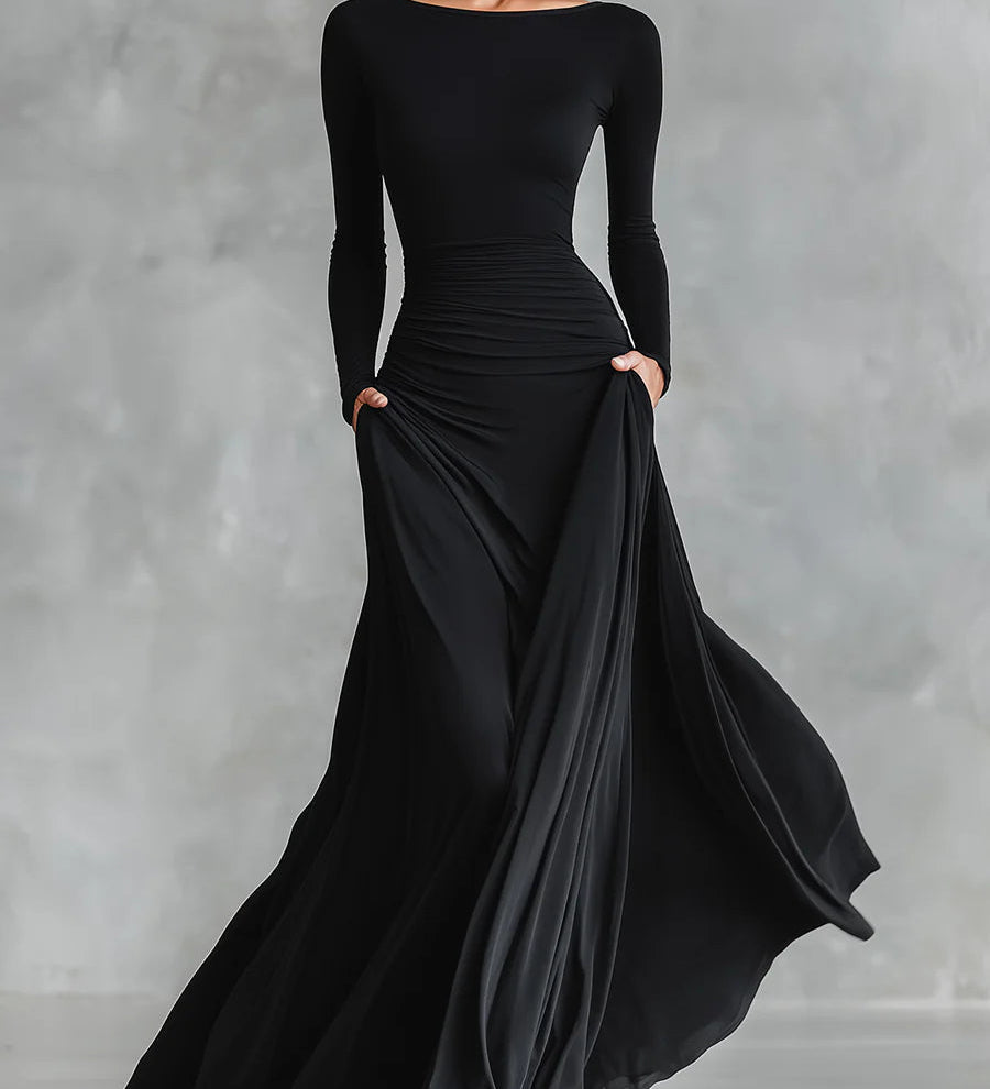 Noémie | Vestido Longo Preto com Decote Bateau & Drapeado Elegante