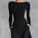 Noémie | Vestido Longo Preto com Decote Bateau & Drapeado Elegante