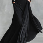 Noémie | Vestido Longo Preto com Decote Bateau & Drapeado Elegante