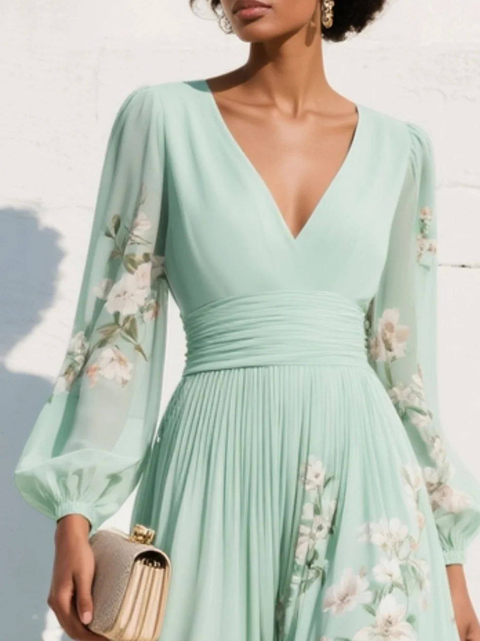 Cisella | Vestido midi em verde claro com padrão floral