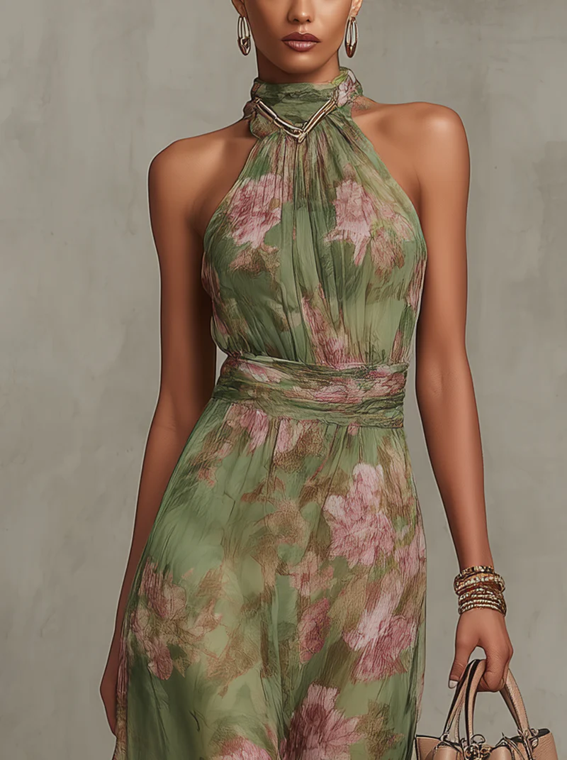 Livia | Vestido Maxi Halter Elegante com Flores
