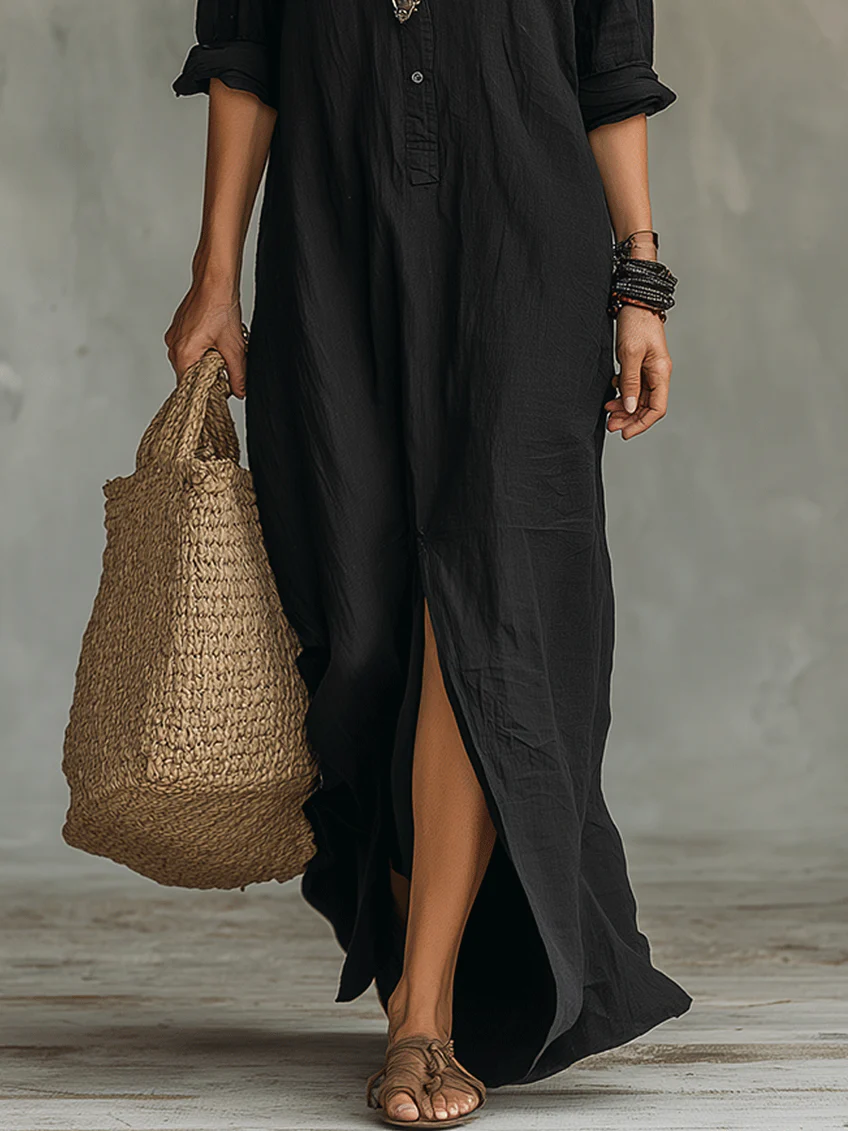 Soline | Vestido maxi com botões e decote em V relaxado