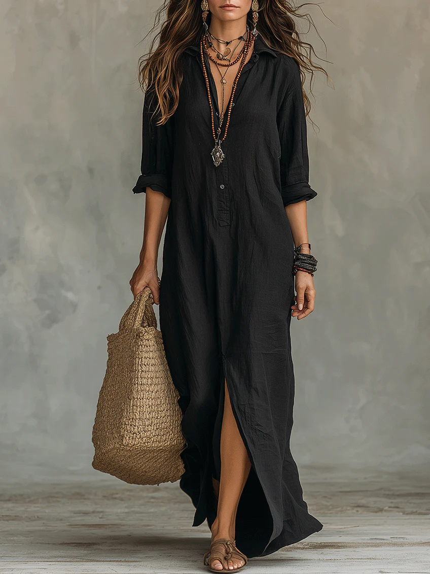 Soline | Vestido maxi com botões e decote em V relaxado