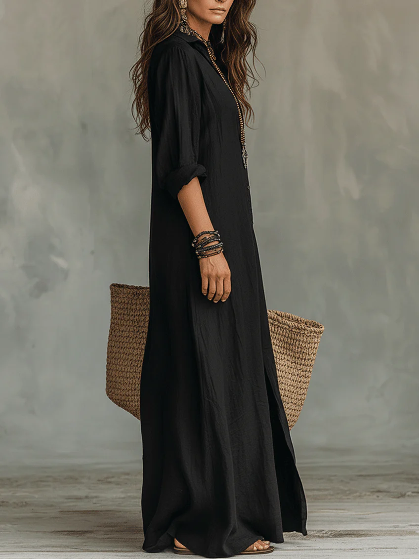 Soline | Vestido maxi com botões e decote em V relaxado