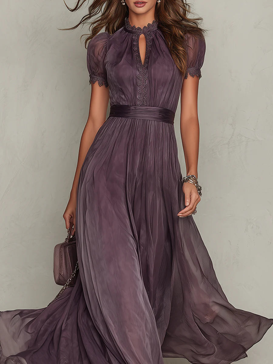Flavia | Vestido Longo Elegante Violeta Decote Gota Renda
