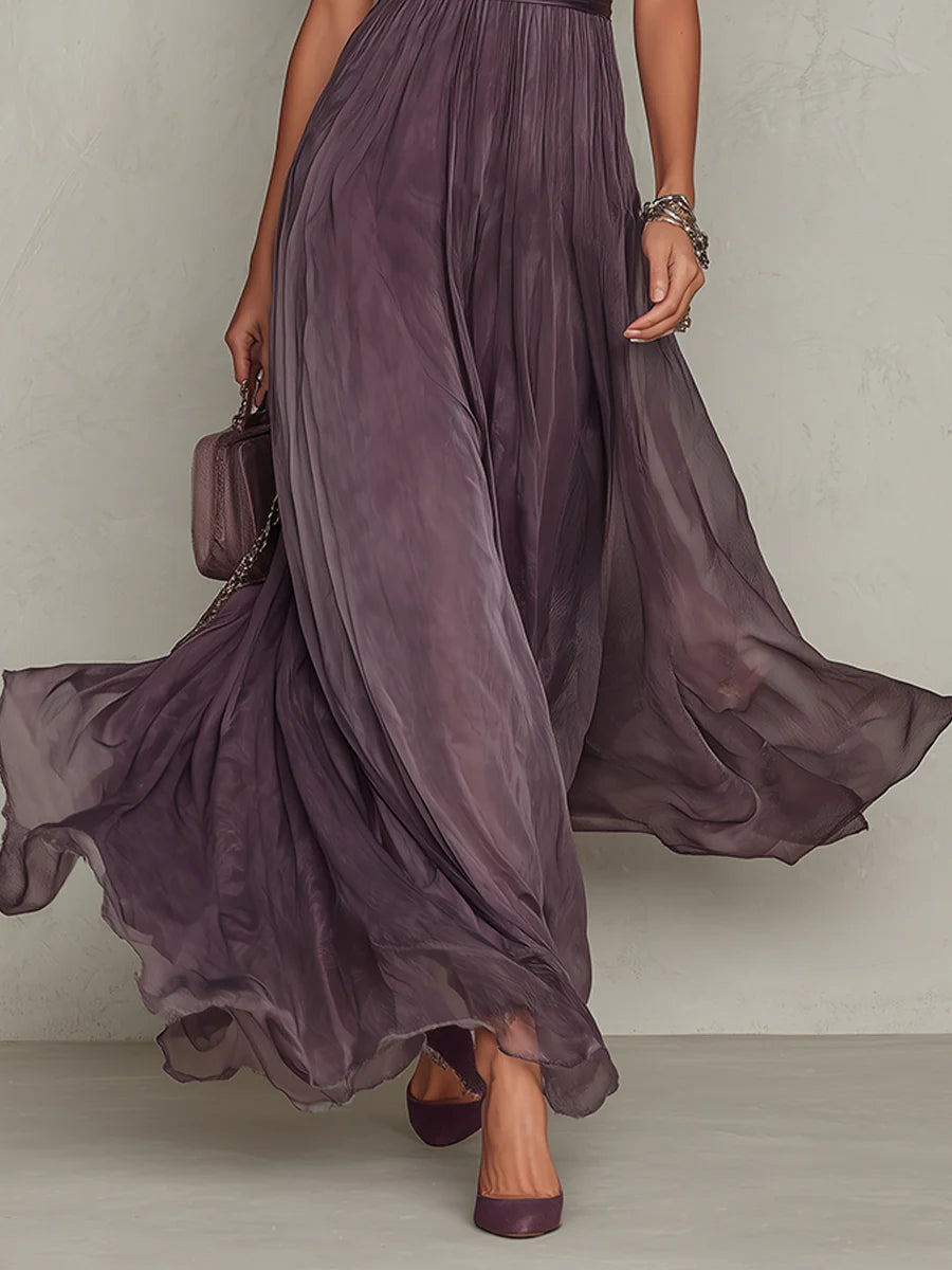 Flavia | Vestido Longo Elegante Violeta Decote Gota Renda
