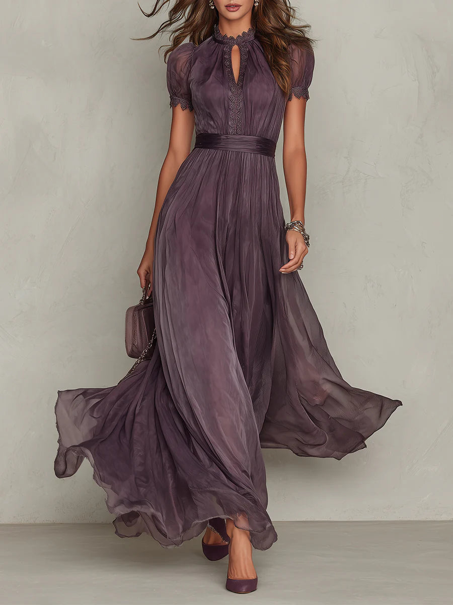 Flavia | Vestido Longo Elegante Violeta Decote Gota Renda