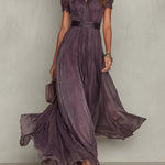 Flavia | Vestido Longo Elegante Violeta Decote Gota Renda
