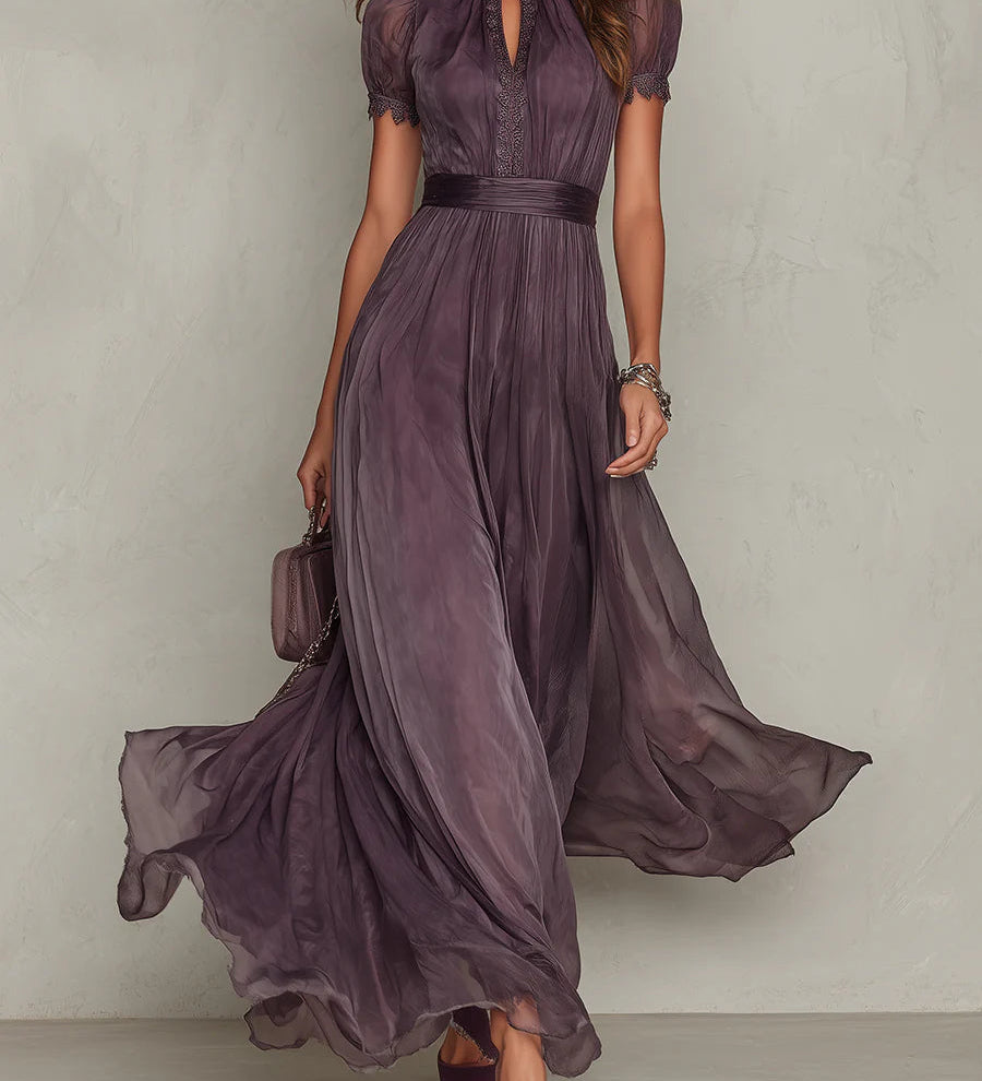 Flavia | Vestido Longo Elegante Violeta Decote Gota Renda