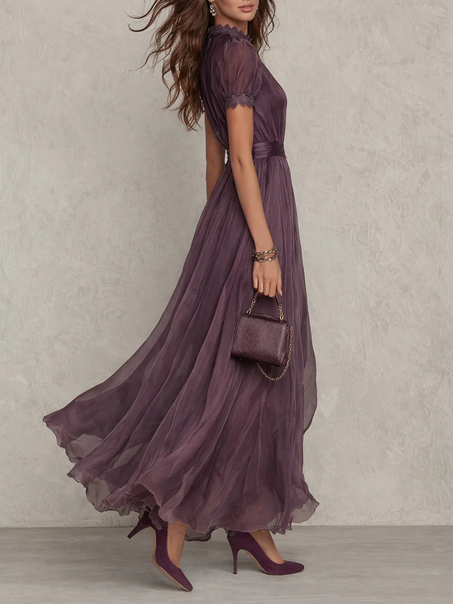 Flavia | Vestido Longo Elegante Violeta Decote Gota Renda