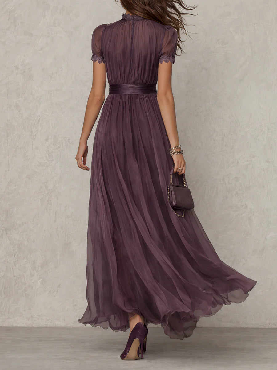 Flavia | Vestido Longo Elegante Violeta Decote Gota Renda