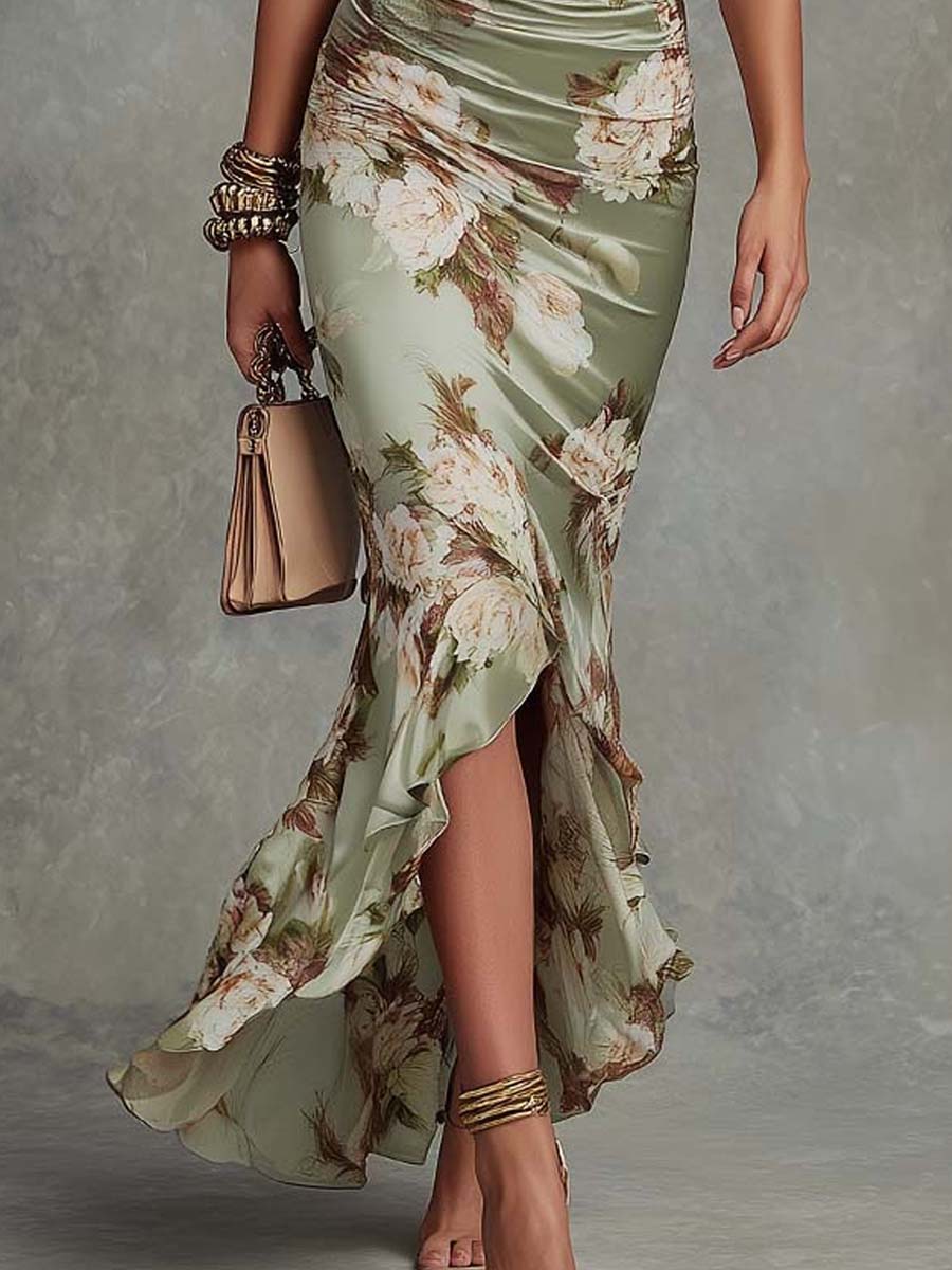 Anastasia | Vestido Longo em Cetim com Estampa Floral