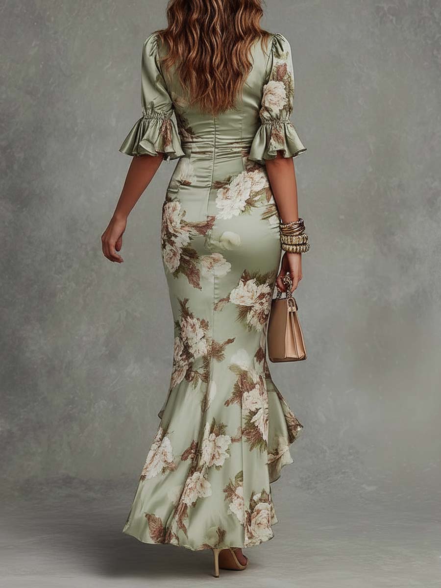 Anastasia | Vestido Longo em Cetim com Estampa Floral