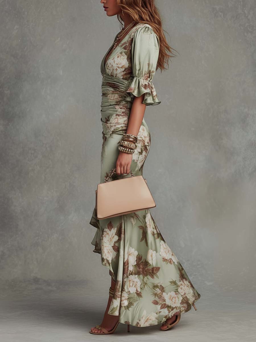 Anastasia | Vestido Longo em Cetim com Estampa Floral