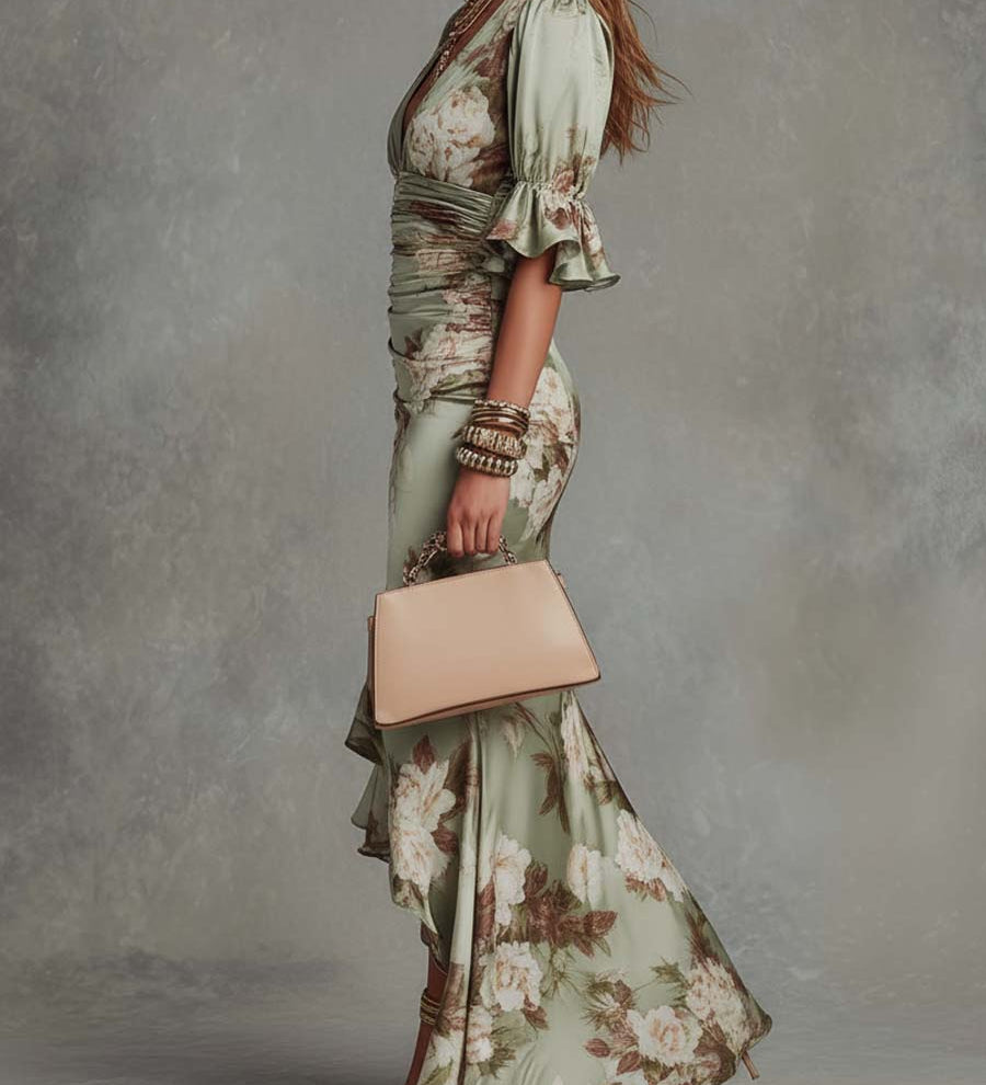 Anastasia | Vestido Longo em Cetim com Estampa Floral