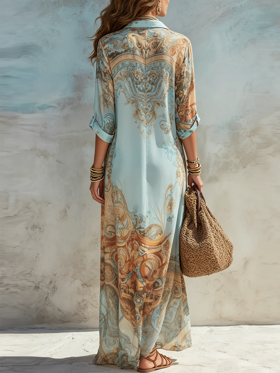 Luisa | Vestido maxi chemisier mediterrâneo