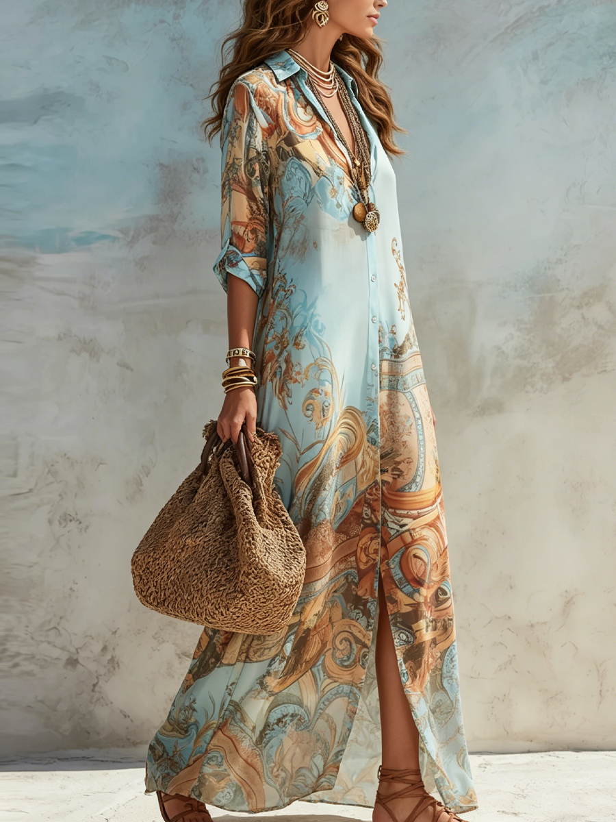 Luisa | Vestido maxi chemisier mediterrâneo