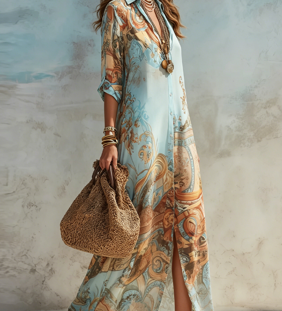 Luisa | Vestido maxi chemisier mediterrâneo