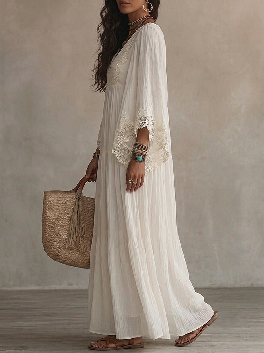 Indara | Vestido longo branco com decote em V