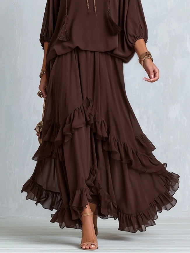 Ondine | Top de Chiffon Castanho com Franjas e Saia Volante