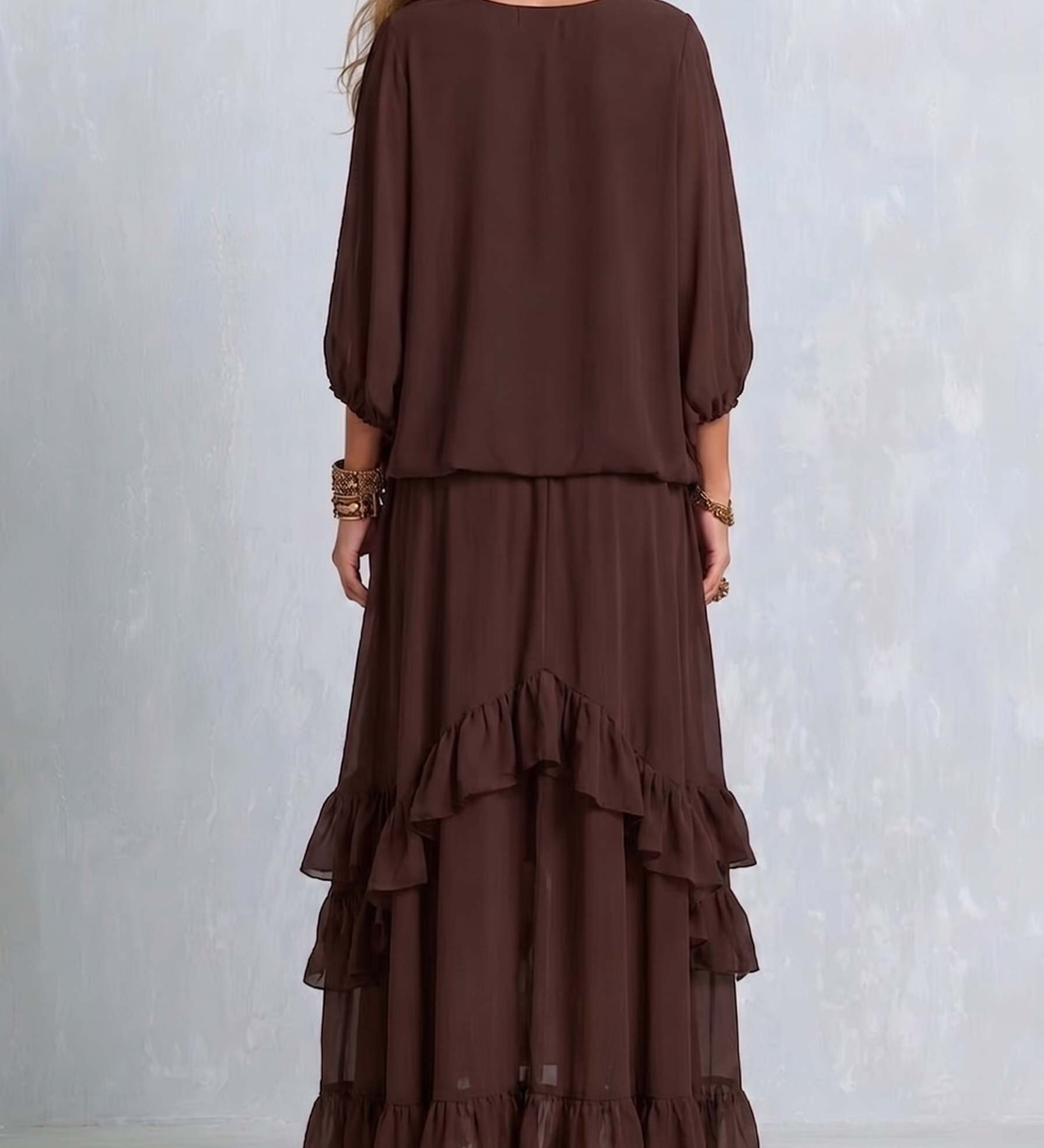 Ondine | Top de Chiffon Castanho com Franjas e Saia Volante