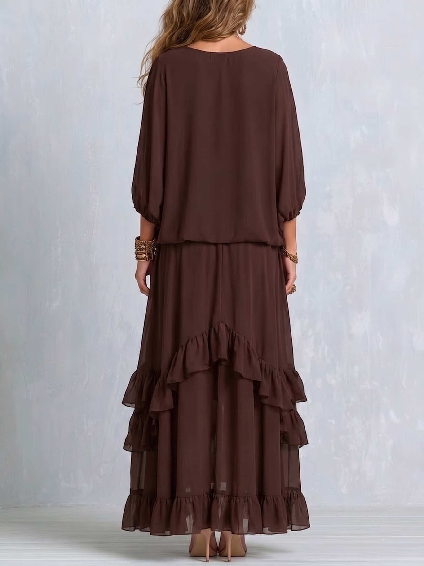 Ondine | Top de Chiffon Castanho com Franjas e Saia Volante