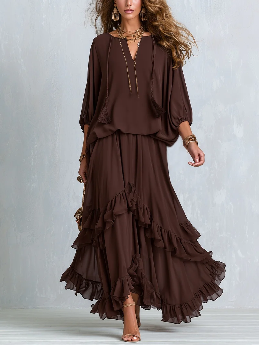 Ondine | Top de Chiffon Castanho com Franjas e Saia Volante